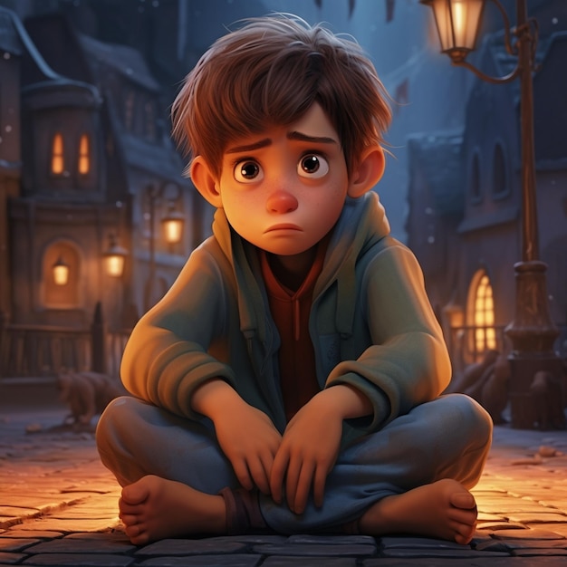un petit garçon au visage triste est assis par terre devant un réverbère.