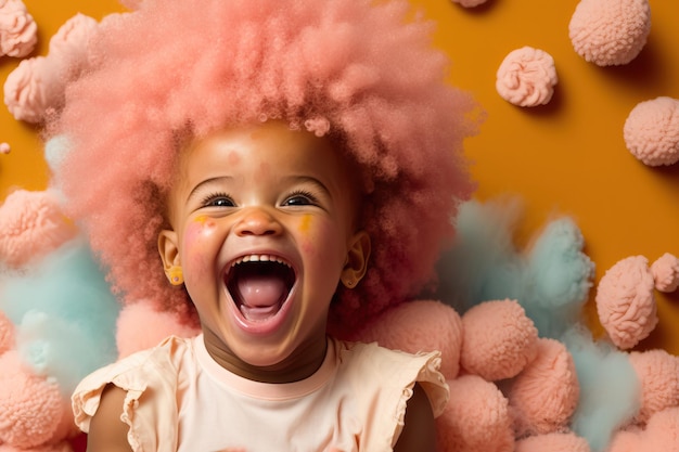 Petit garçon aux cheveux afro roses riant à haute voix généré par l'IA
