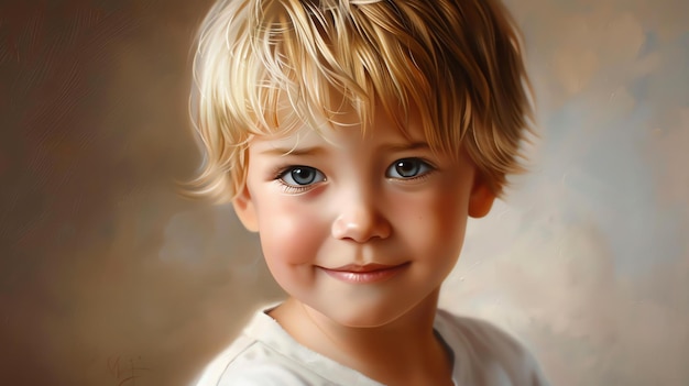 Un petit garçon aux cheveux blonds et aux yeux bleus souriant