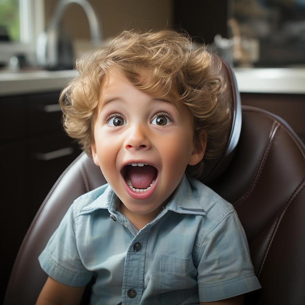 Petit garçon aux cheveux blonds bouclés assis dans une chaise de dentiste en cuir brun avec la bouche ouverte et une expression surprise sur son visage