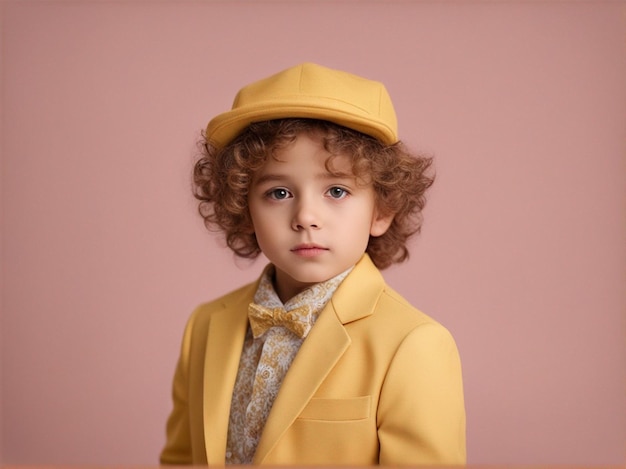 Photo un petit garçon aux cheveux bouclés portant un costume jaune à la mode.