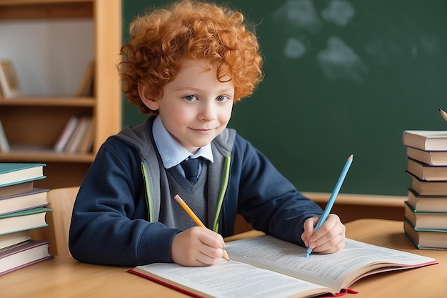 Le petit garçon aux cheveux roux et bouclés écolière promenades amusantes va à l'école pour apprendre à lire des livres pour dessiner sur les leçons de l'enseignant