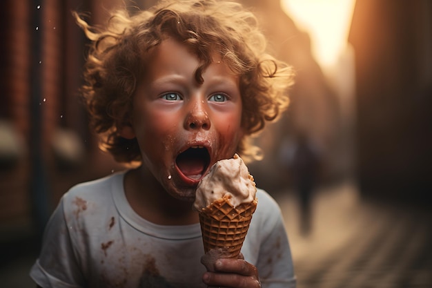 Un petit garçon aux cheveux roux qui mange un cône de crème glacée