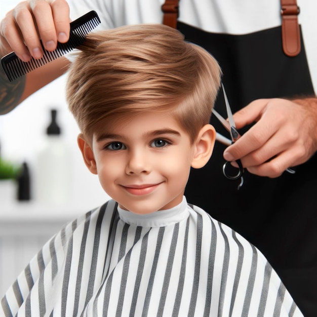 Photo un petit garçon ayant les cheveux coupés dans un salon isolé sur fond blanc uni génératif ai