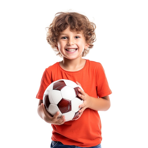 petit garçon avec un ballon de football sur fond blanc