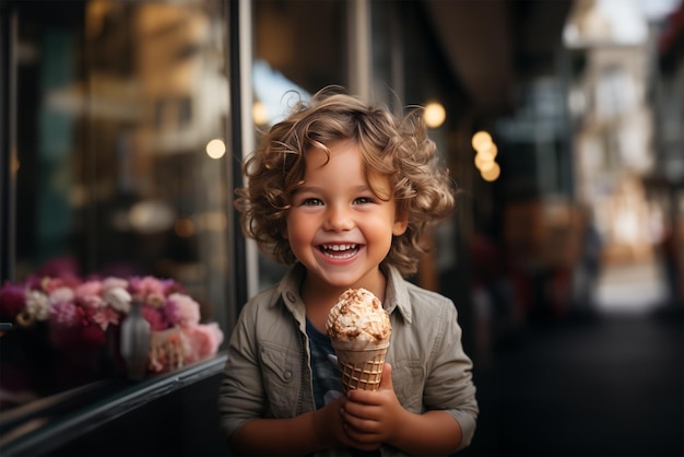 Un petit garçon avec des boucles blondes qui prend une crème glacée.