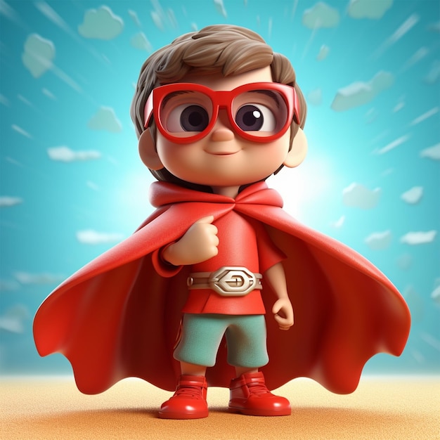 un petit garçon avec une cape rouge et des lunettes se tient devant un fond gris