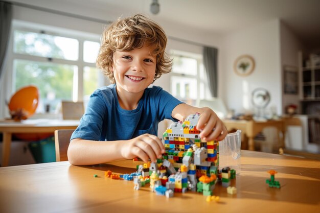 Un petit garçon caucasien est assis à la table dans sa chambre confortable et joue avec un ensemble de construction heureux