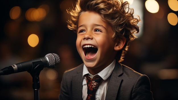 Photo un petit garçon chante dans le micro.