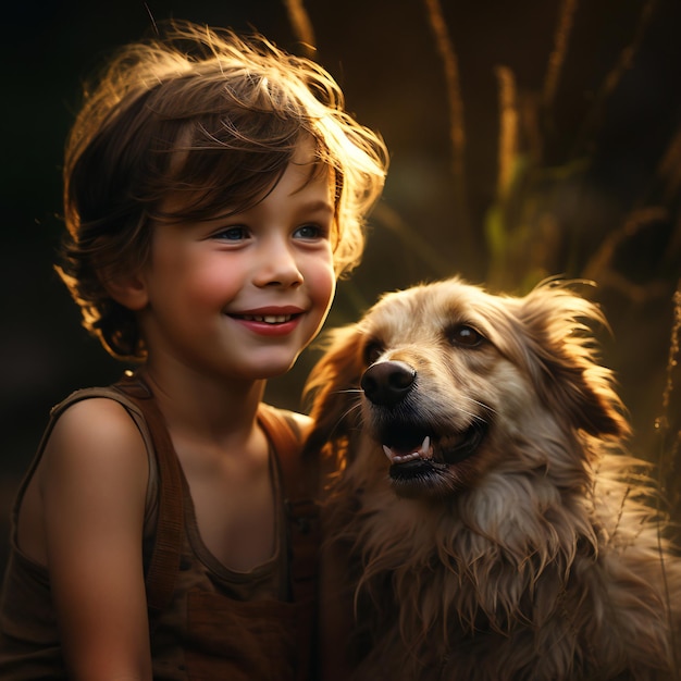 Petit garçon avec un chien dans le parc d'automne Amitié et enfance Concept de la Journée mondiale des animaux