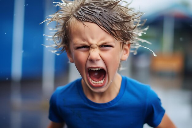 Photo un petit garçon en colère avec les cheveux mouillés portant un t-shirt bleu crie debout sur un fond flou