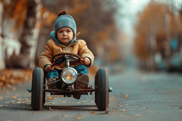 Photo un petit garçon conduisant une voiture à pédales dans la rue parmi les bois avec un grand espace et une toile de fond floue pour la publicité de texte ou de produit ia générative