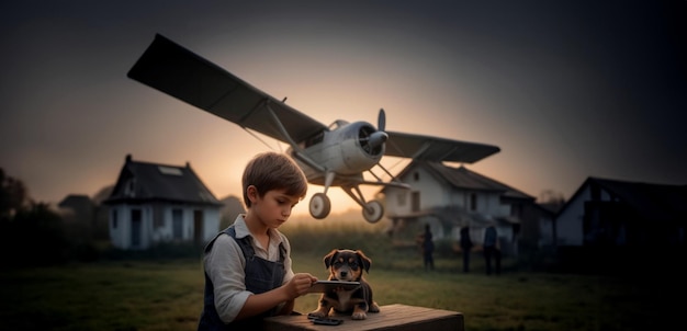 petit garçon construit un avion dans le village le concept du développement du talent d'ingénierie chez les enfants