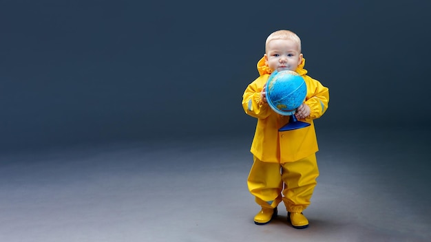 Un petit garçon en costume imperméable avec globe dans ses mains