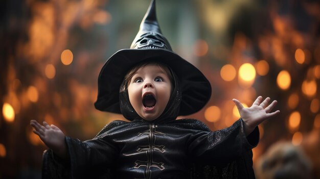 Petit garçon en costume de sorcière s'amusant à Halloween Trick or Treat