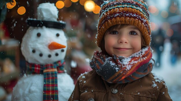 Photo le petit garçon à côté du bonhomme de neige