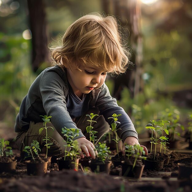 un petit garçon creuse dans le sol avec une plante