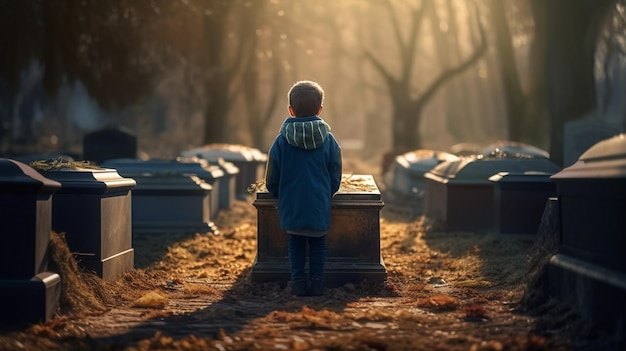 Petit garçon dans le cimetière Generative Ai