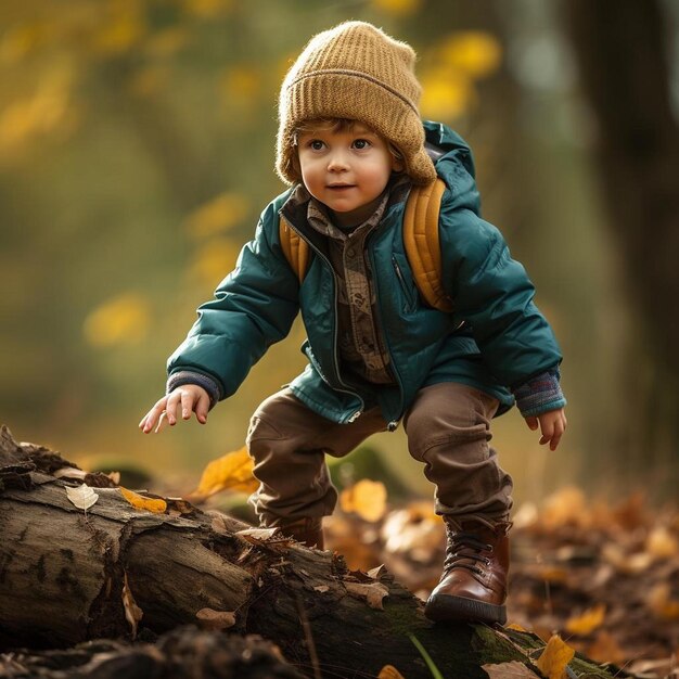 un petit garçon dans une veste bleue et un chapeau marron