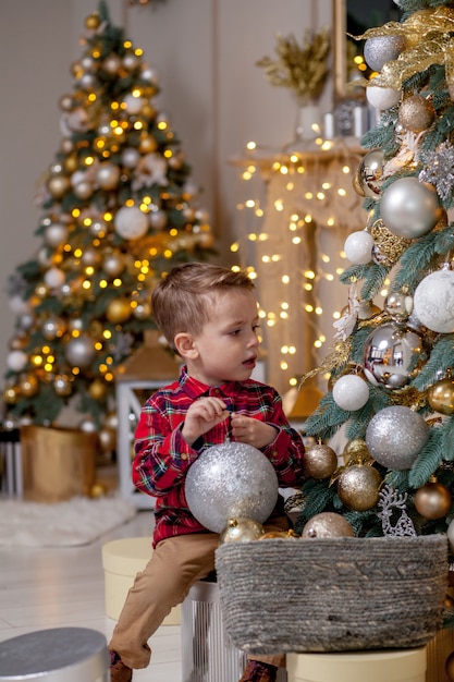 Petit garçon, décorer, arbre noël, à, jouet, balles