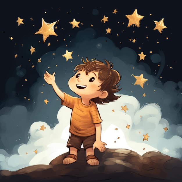 Petit garçon de dessin animé cherchant les étoiles Image générée par l'IA