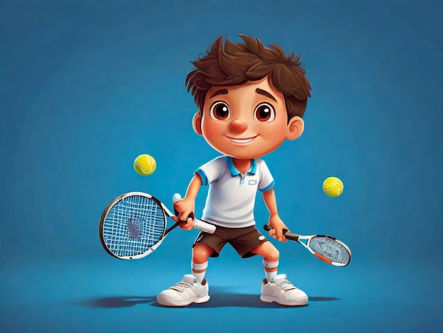 Petit garçon de dessin animé jouant au tennis isolé sur fond bleu