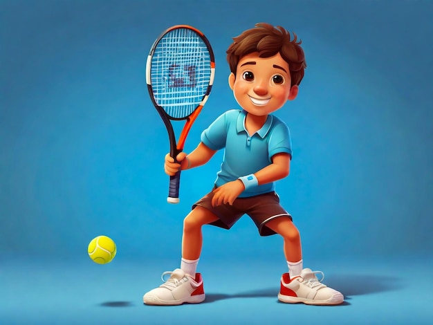 Petit garçon de dessin animé jouant au tennis isolé sur fond bleu