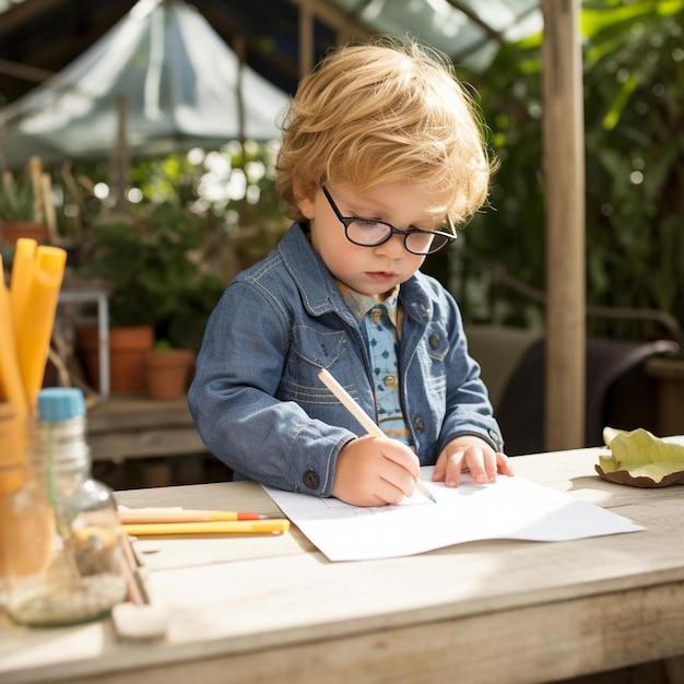 un petit garçon dessinant une image dans le jardin à l'extérieur portant des lunettes et un plâtre de bandeau oculaire