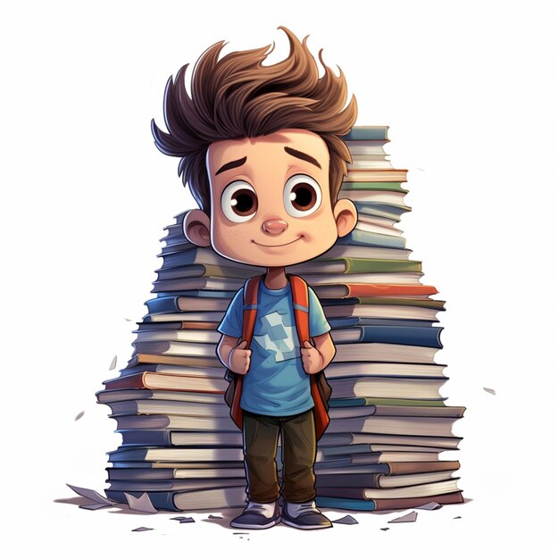 Un petit garçon de dessins animés portant des piles de livres