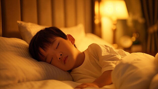 Photo un petit garçon dort sur un lit avec un oreiller blanc