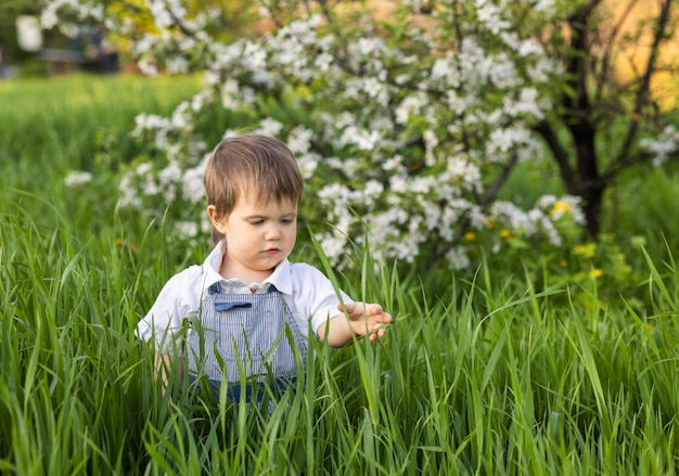 Petit garçon drôle dans une salopette bleue à la mode avec des yeux bleus expressifs. Sourires mignons et mange de l'herbe verte fraîche dans un grand jardin fleuri dans les hautes herbes.