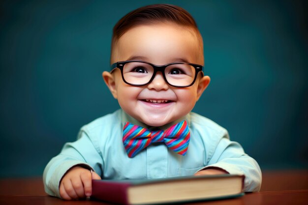 Petit garçon drôle en lunettes assis à table avec un livre introduisant les enfants dans le monde des livres