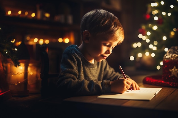 Photo un petit garçon écrit une lettre avec des vœux au père noël entouré de décor de noël