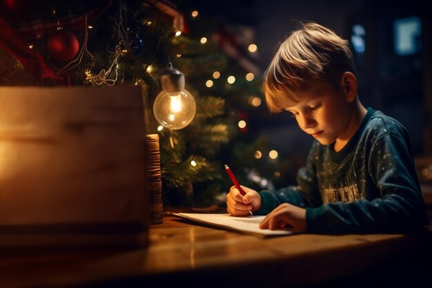 Un petit garçon écrit une lettre avec des vœux au Père Noël entouré de décor de Noël