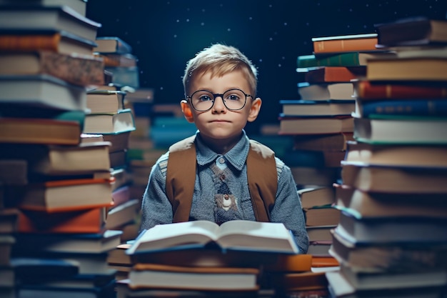 Petit garçon un élève de première année entouré de beaucoup de livres un enfant au pays des livres