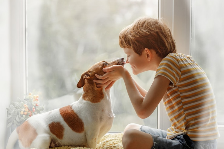 Photo petit garçon embrasse le chien au nez sur la fenêtre.