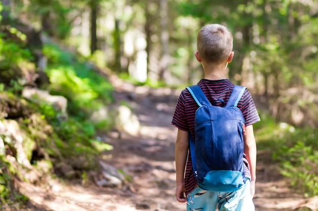 Petit garçon enfant avec sac à dos de randonneurs voyageant en forêt