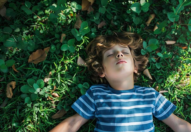 Un petit garçon est allongé sur l'herbe portant des manches courtes à rayures bleues et blanches avec les yeux fermés