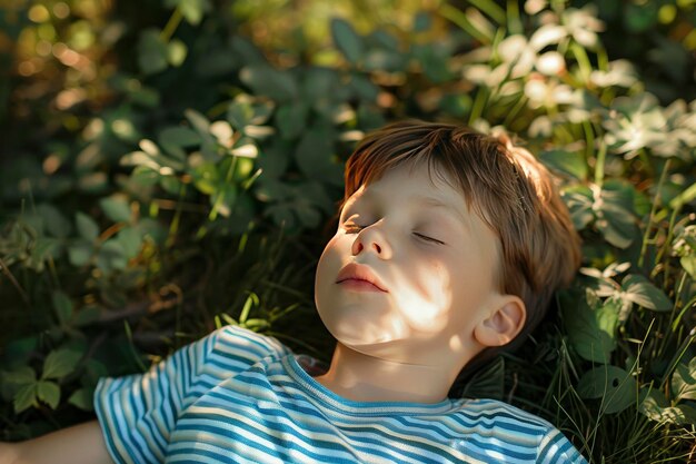 Un petit garçon est allongé sur l'herbe portant des manches courtes à rayures bleues et blanches avec les yeux fermés