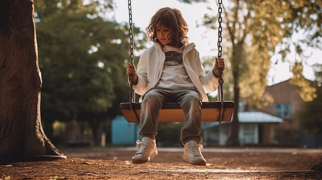 Le petit garçon est assis sur une balançoire à l'extérieur