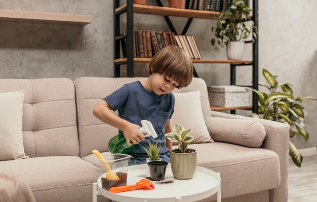 Un petit garçon est assis sur le canapé de la chambre et arrose une plante en pot avec un pulvérisateur