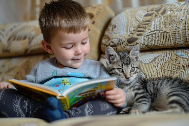 Le petit garçon est assis sur un canapé et lit un livre à son mignon chaton tabby