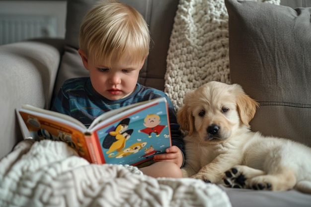 Un petit garçon est assis sur un canapé et lit un livre à son mignon chien Abrador Retriever