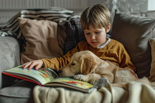 Un petit garçon est assis sur un canapé et lit un livre à son mignon chien labrador retriever