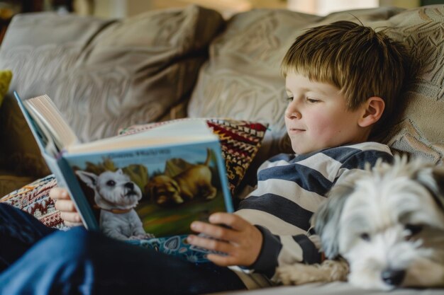 Un petit garçon est assis sur un canapé et lit un livre à son mignon chiot.