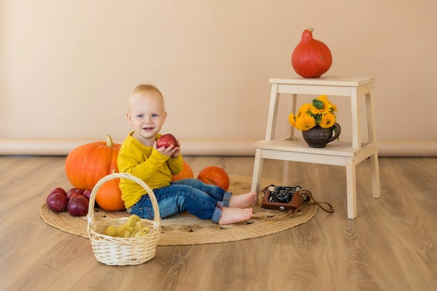 Un petit garçon est assis parmi les citrouilles avec un panier de canetons.