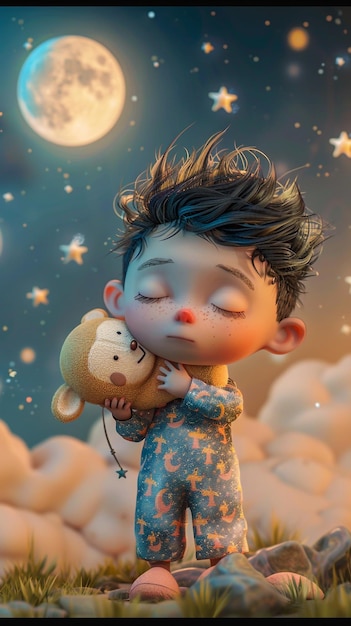 un petit garçon avec une étoile dans le ciel et la lune derrière lui