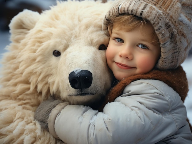 Photo un petit garçon étreint un grand ours en peluche dans le parc d'hiver