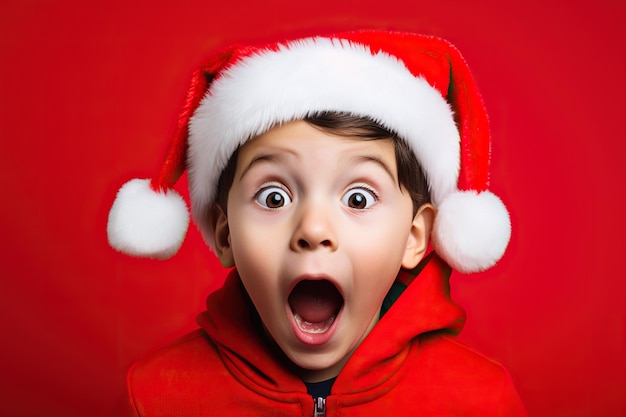 Petit garçon excité avec de grands yeux dans le costume du Père Noël à fond rouge vif