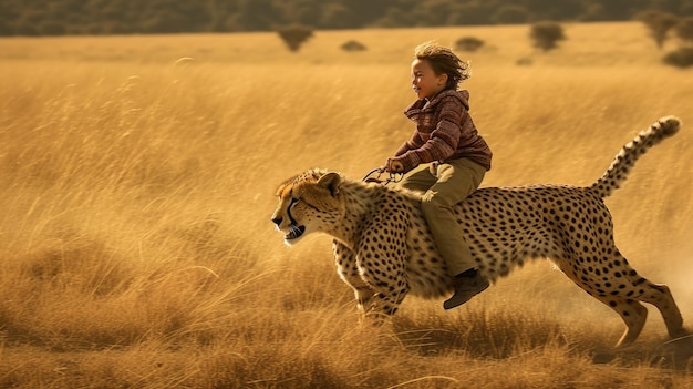Photo un petit garçon excité à l'idée de rouler sur un guépard qui court à grande vitesse à travers une vaste savane generative ai aig27